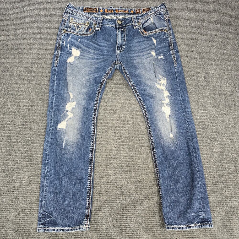 Rock Revival Abijah Slim Straight Jeans Mens 40x31 Blue Distressed Thick Stitch